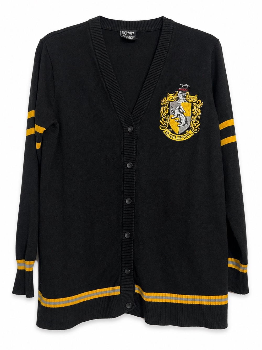 Harry Potter Hufflepuff Cardigan Sweater Embroidered Crest Women's Small Black